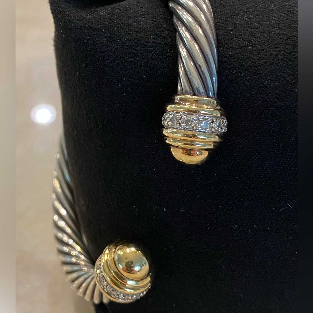 David Yurman 18K Gold, Sterling and Diamond Classic Cable Cuff Bracelet 7mm
